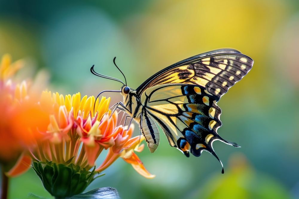 Butterfly drinking nectar flower animal insect. 