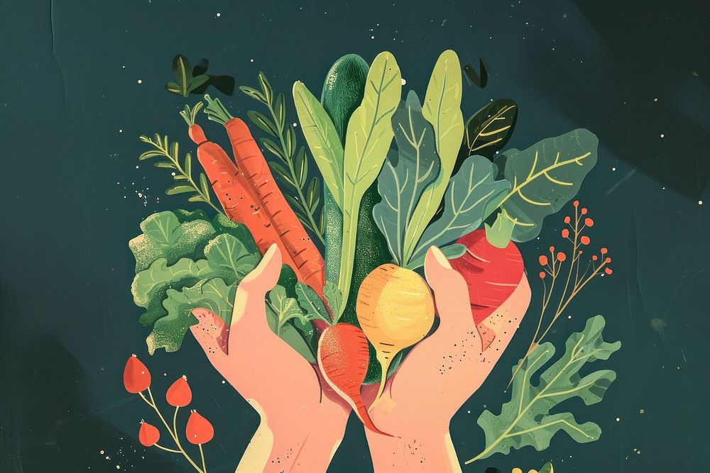 Vegetables painting holding plant.