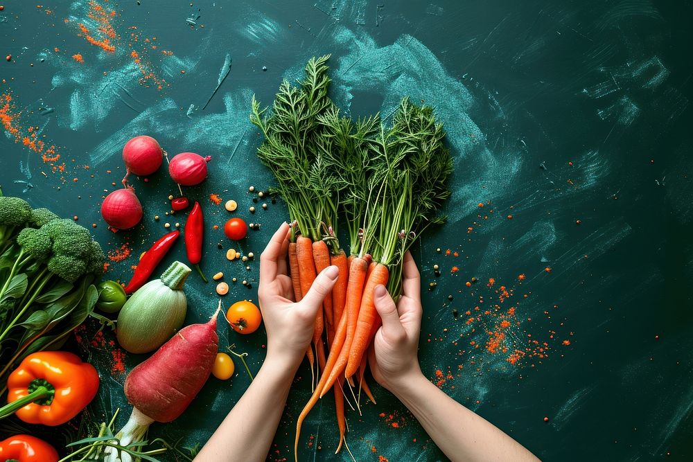 Vegetables holding green food.