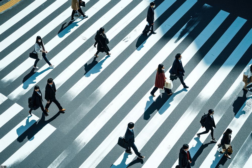 Japanese people walking across the zebra crossing in tokyo road infrastructure architecture.