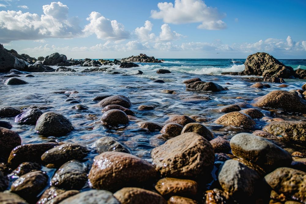 Rocky beach landscape outdoors horizon. AI generated Image by rawpixel.