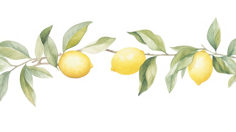Lemons and lemon leaves as divider line watercolour illustration fruit plant food.