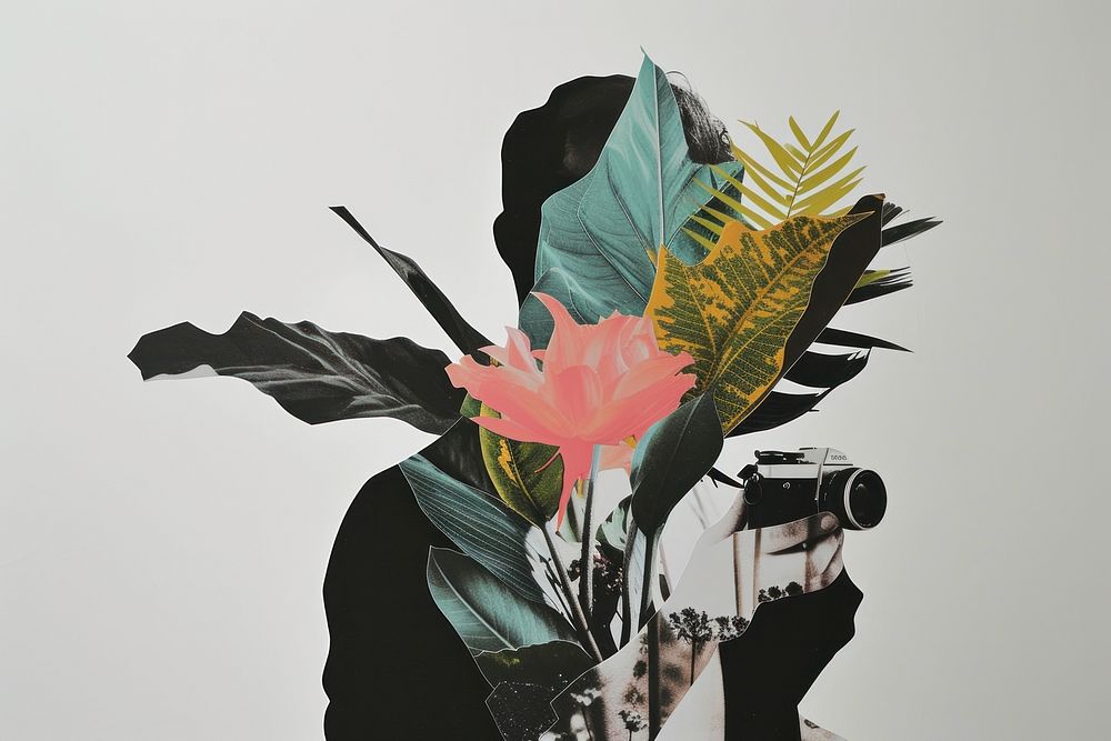 Paper collage with a person art flower camera.