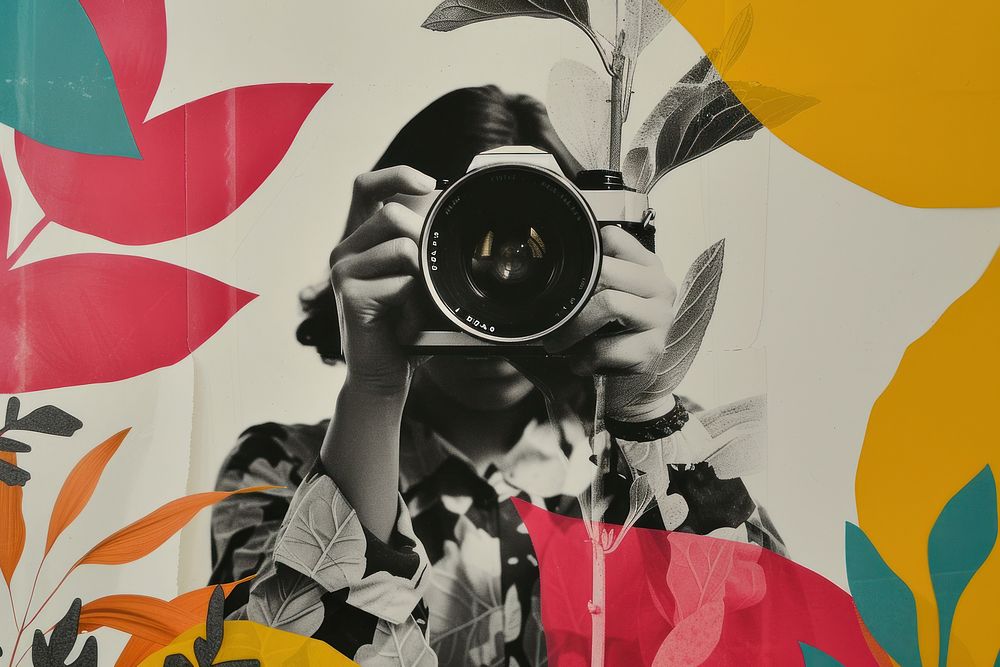 Paper collage with a person camera photographer portrait.
