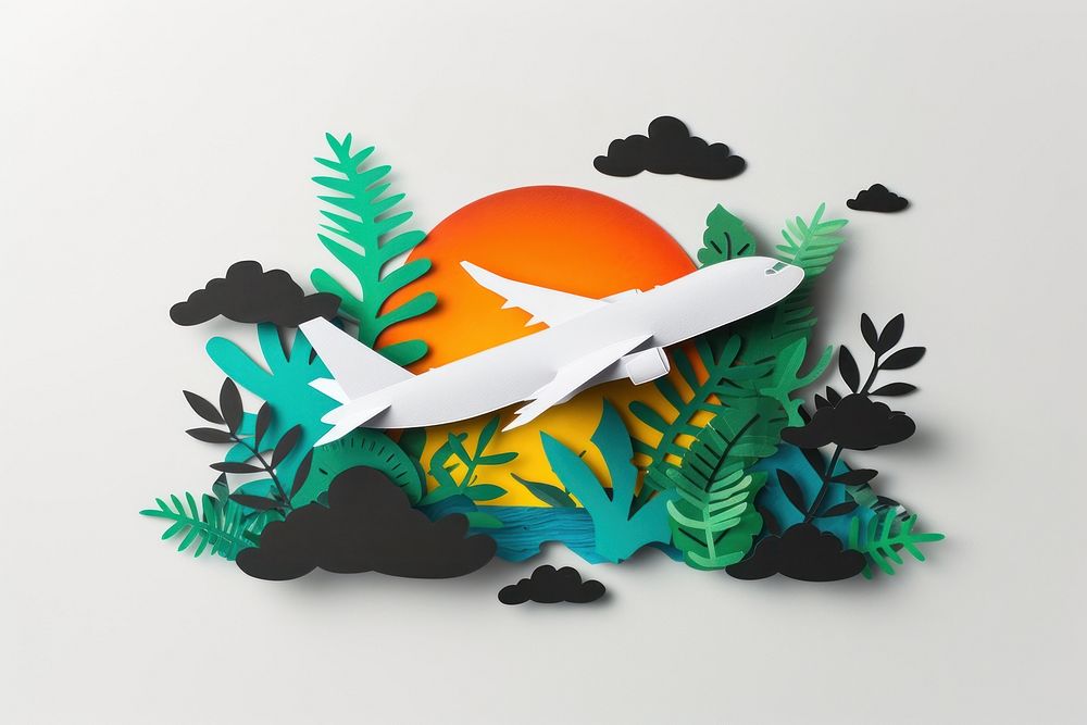 Cut paper collage with airplane art nature plant.