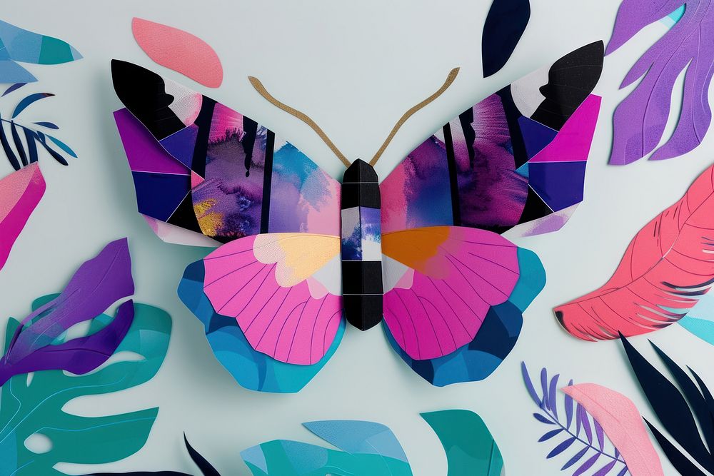 Cut paper collage with butterfly purple art insect.