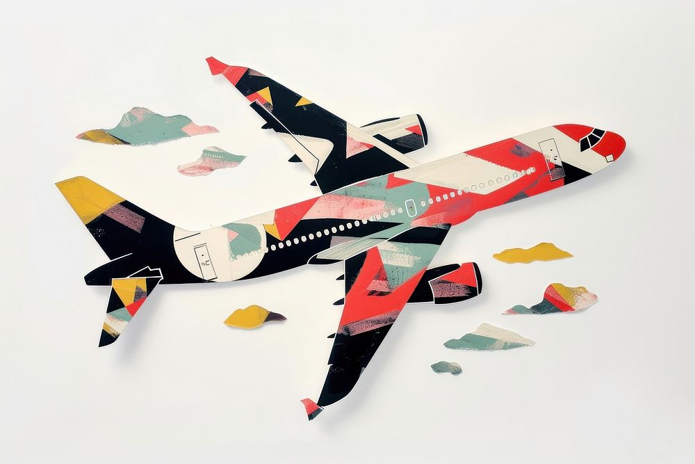 Cut paper collage with airplane art aircraft transportation.