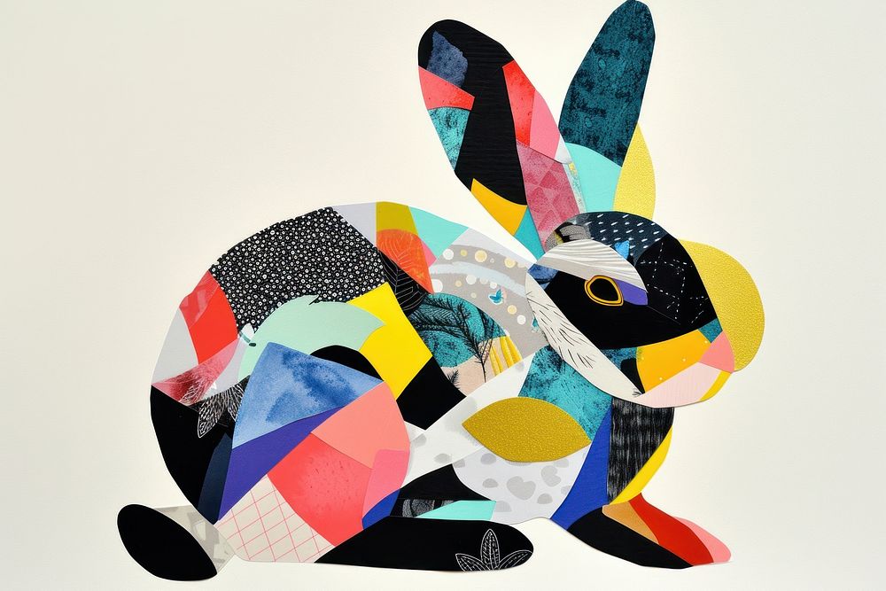 Cut paper collage with bunny art animal representation.