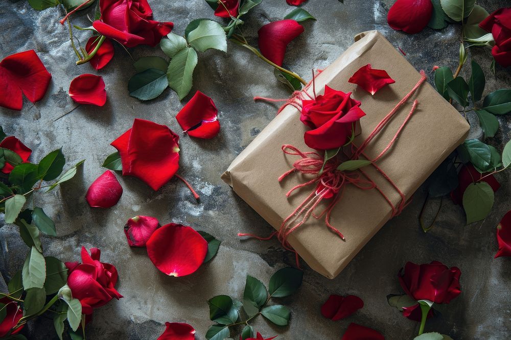  Rose petals and valentine gift box flower plant celebration. AI generated Image by rawpixel.