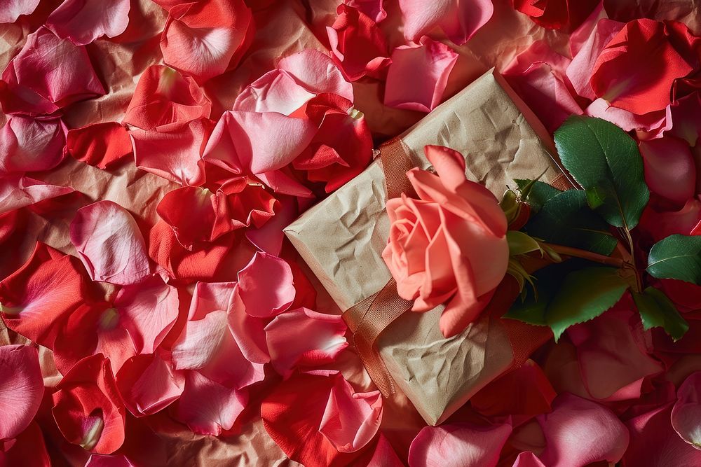  Rose petals and valentine gift box flower plant leaf. AI generated Image by rawpixel.
