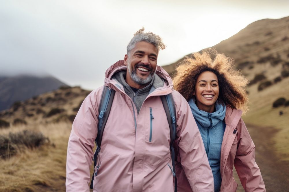 Samoan couple hiking jacket outdoors travel.