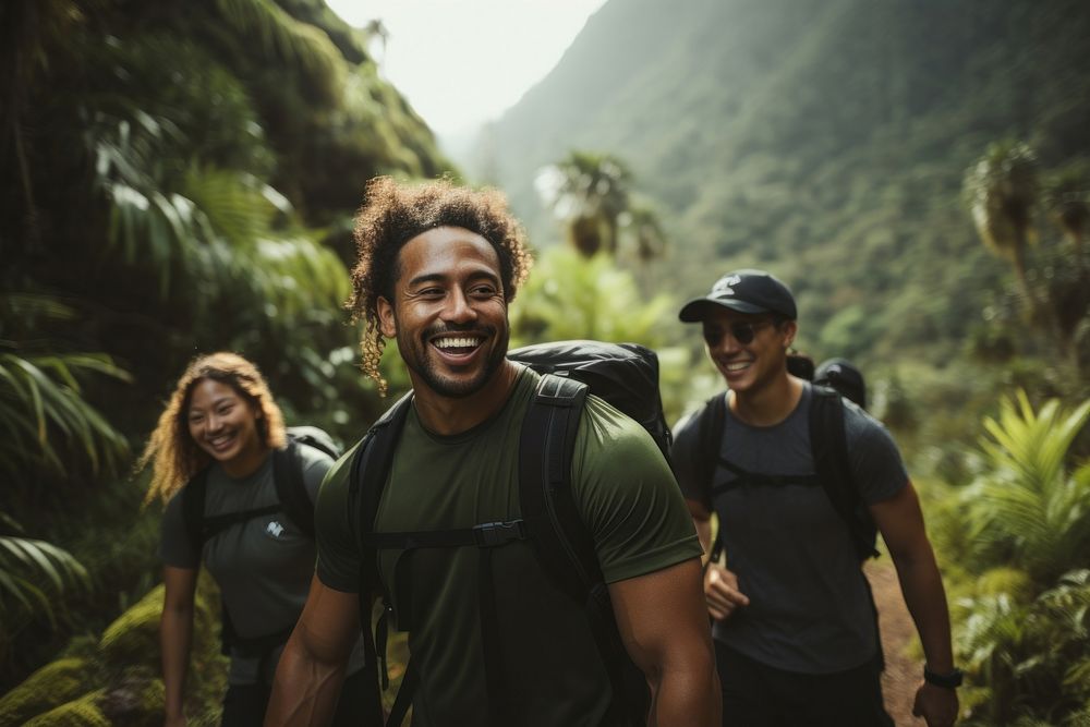 Young Samoan friends hiking recreation adventure.
