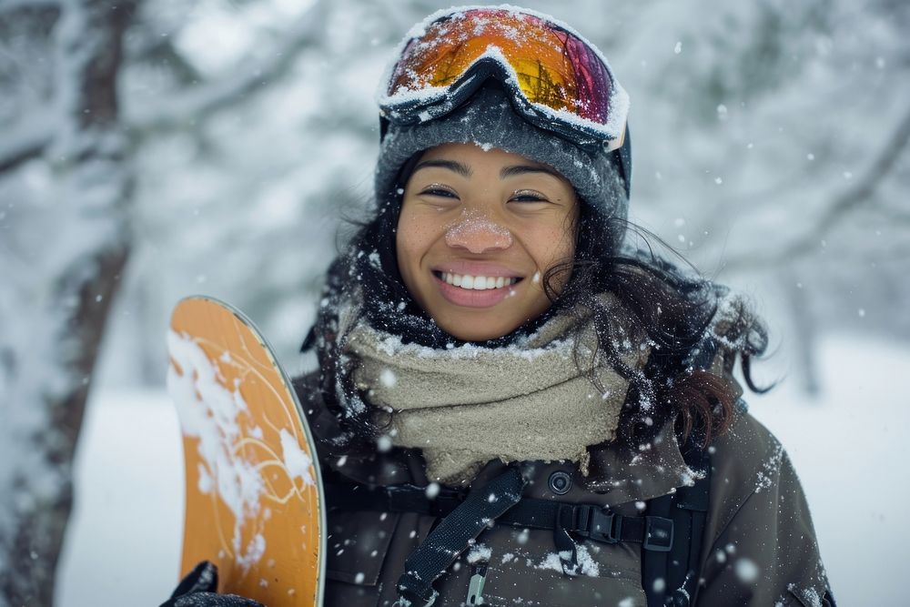 Young Samoan woman snow snowboarding photography.