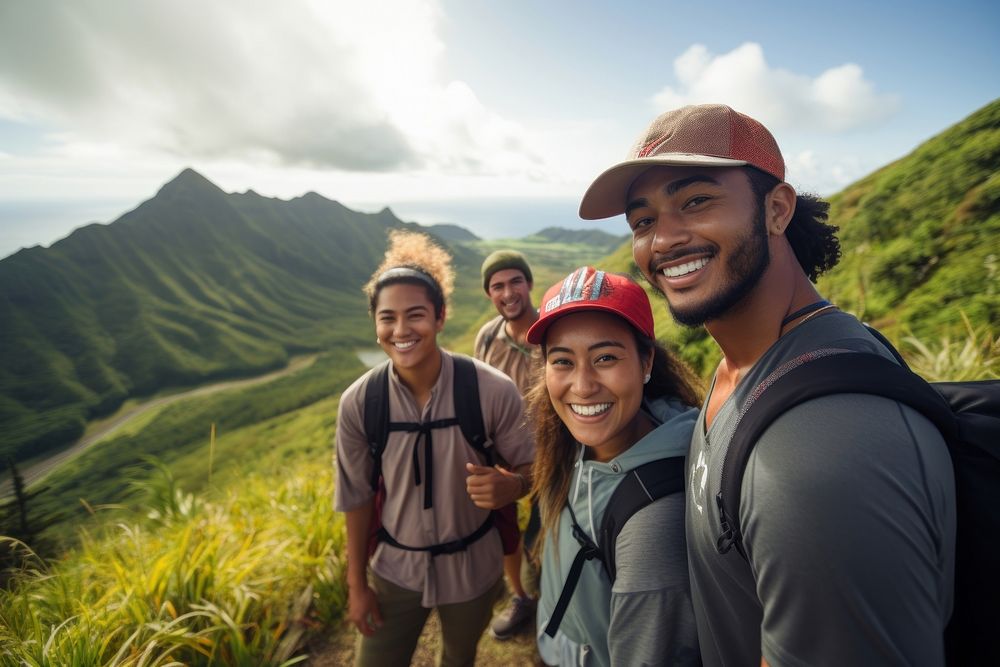 Young Samoan friends hiking photography recreation.