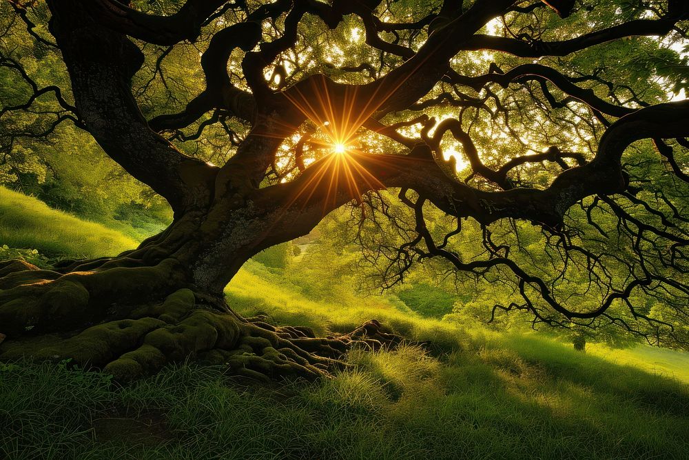 A majestic green tree nature landscape sunlight.