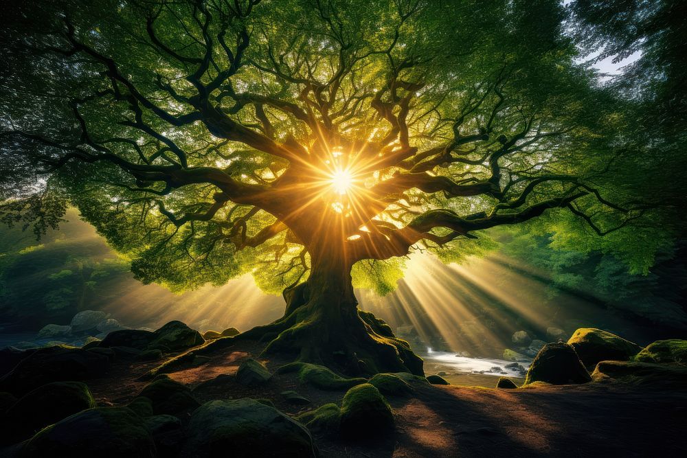 A majestic green tree nature light sun.