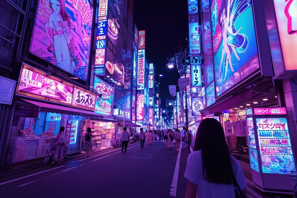 Nightlife architecture cityscape billboard.