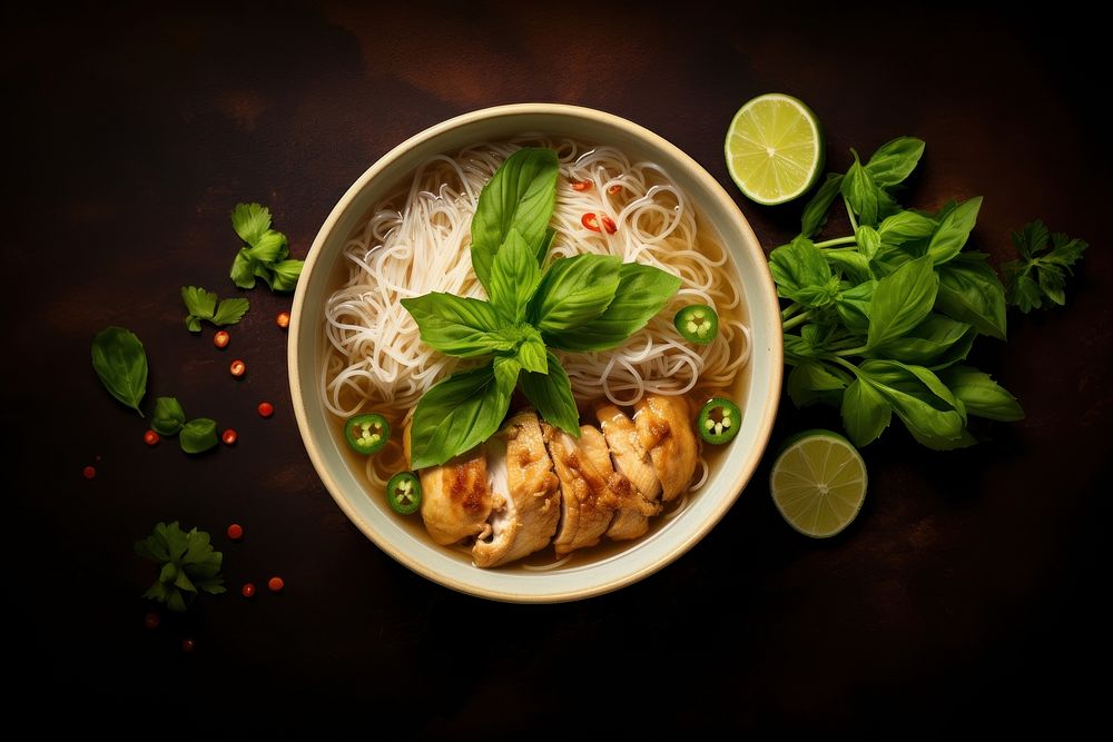 Vietnamese pho noodle bowls soup ingredient table food.