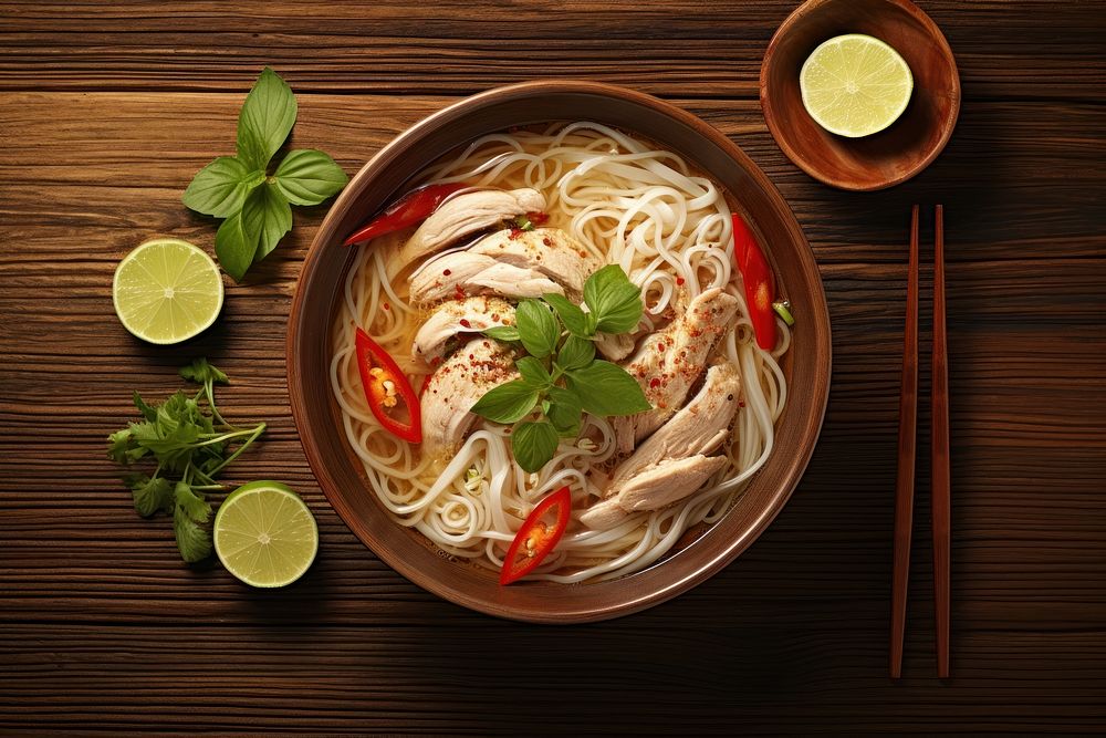 Vietnamese pho noodle bowls soup ingredient table plate.