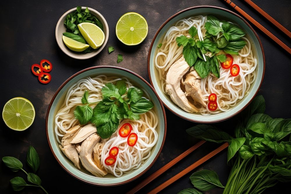 Vietnamese pho noodle bowls soup ingredient table food.