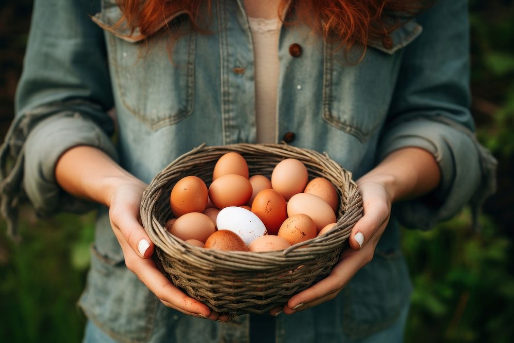 Egg outdoors holding basket.