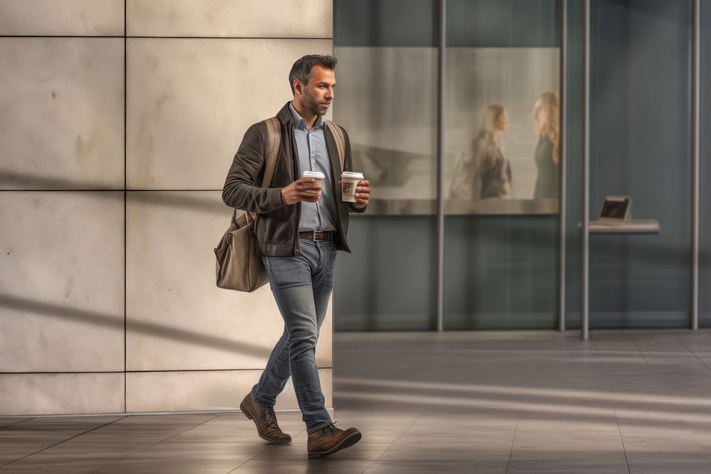Man walking with a coffee adult architecture pedestrian. AI generated Image by rawpixel.