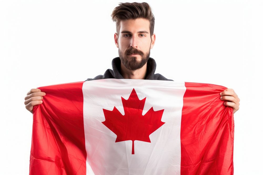 Man wrapped canadian flag adult white background patriotism. AI generated Image by rawpixel.