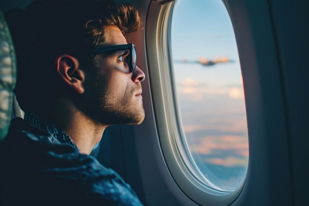 Man looking out the airplane window adult contemplation relaxation. AI generated Image by rawpixel.