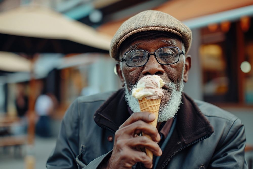 Man eating ice cream cone dessert glasses adult.