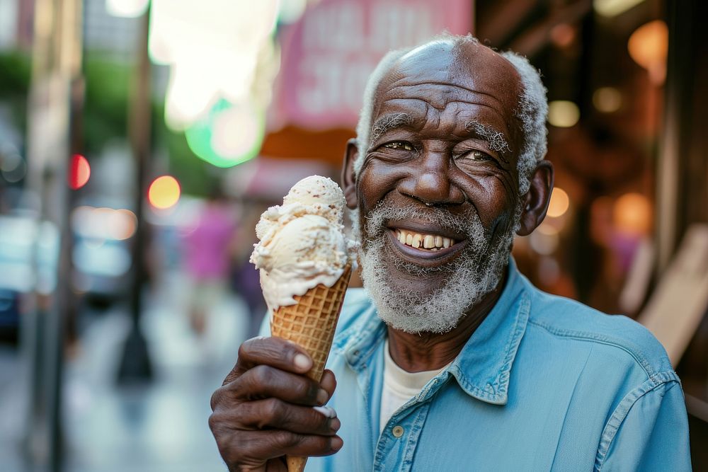 Man eating ice cream cone adult food retirement.