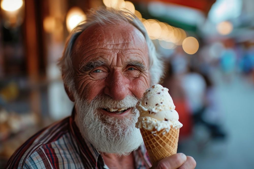 Man eating ice cream cone dessert adult food.