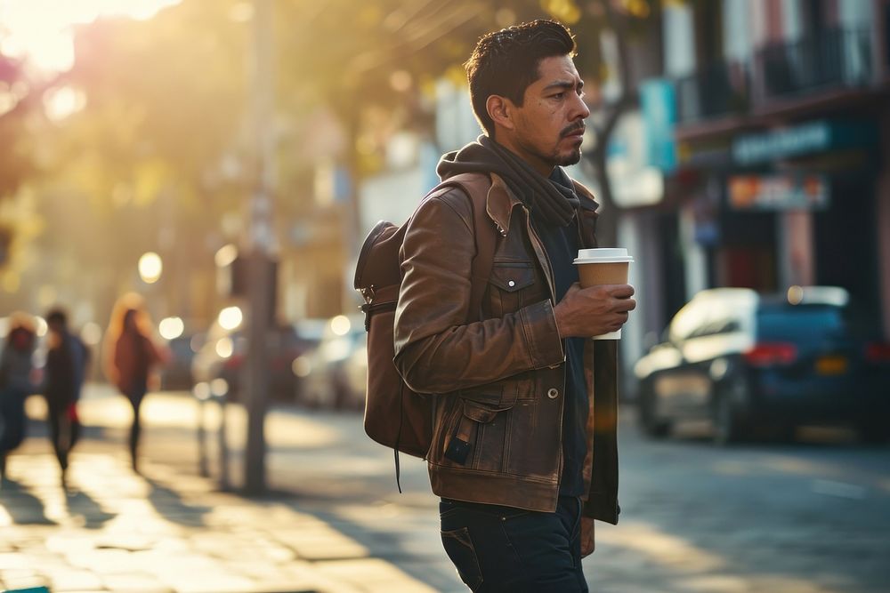 Mexican man on his way to work walking jacket coffee. AI generated Image by rawpixel.