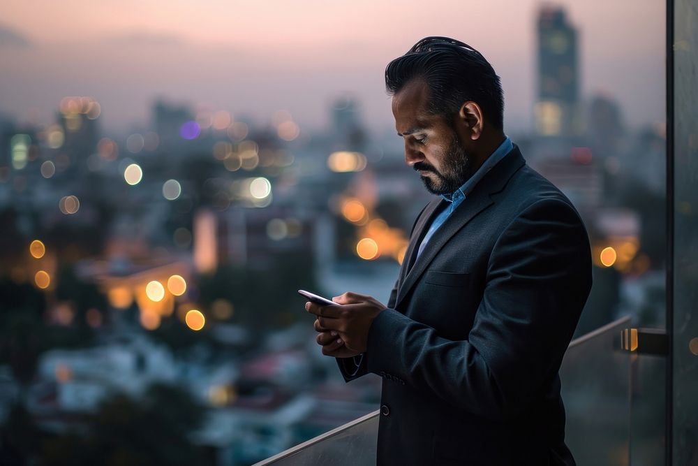 Man in suit looking at his phone adult city architecture. AI generated Image by rawpixel.