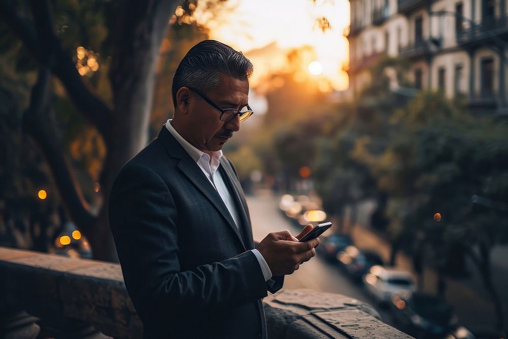 Man in suit looking at his phone sitting adult photo. AI generated Image by rawpixel.