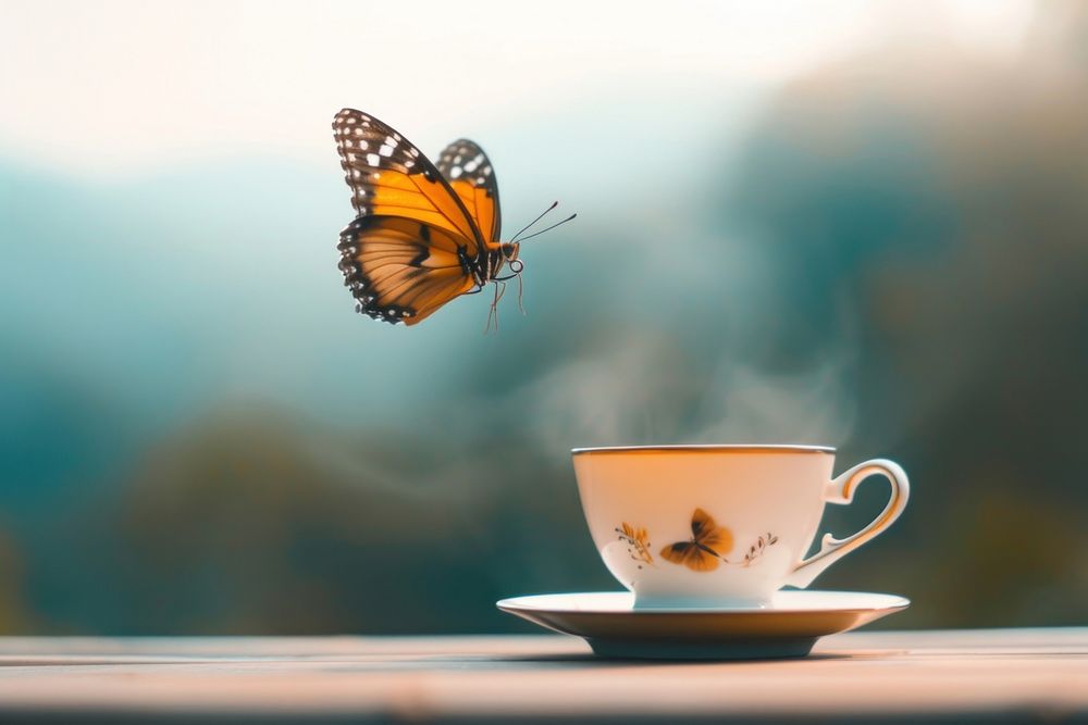 Butterfly cup saucer coffee. AI generated Image by rawpixel.