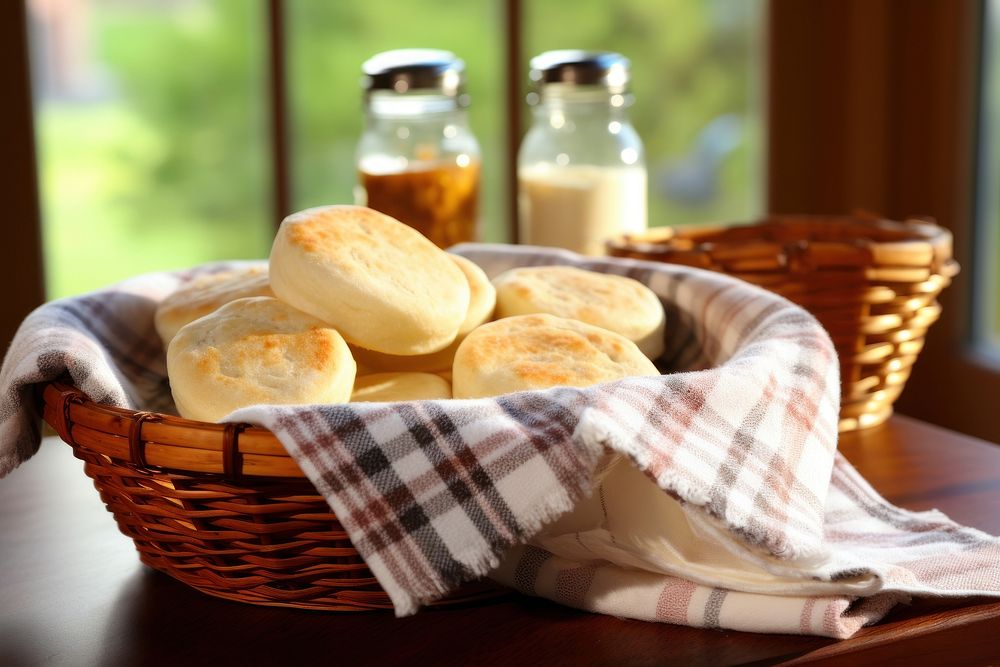 A basket of english muffins bread table food.