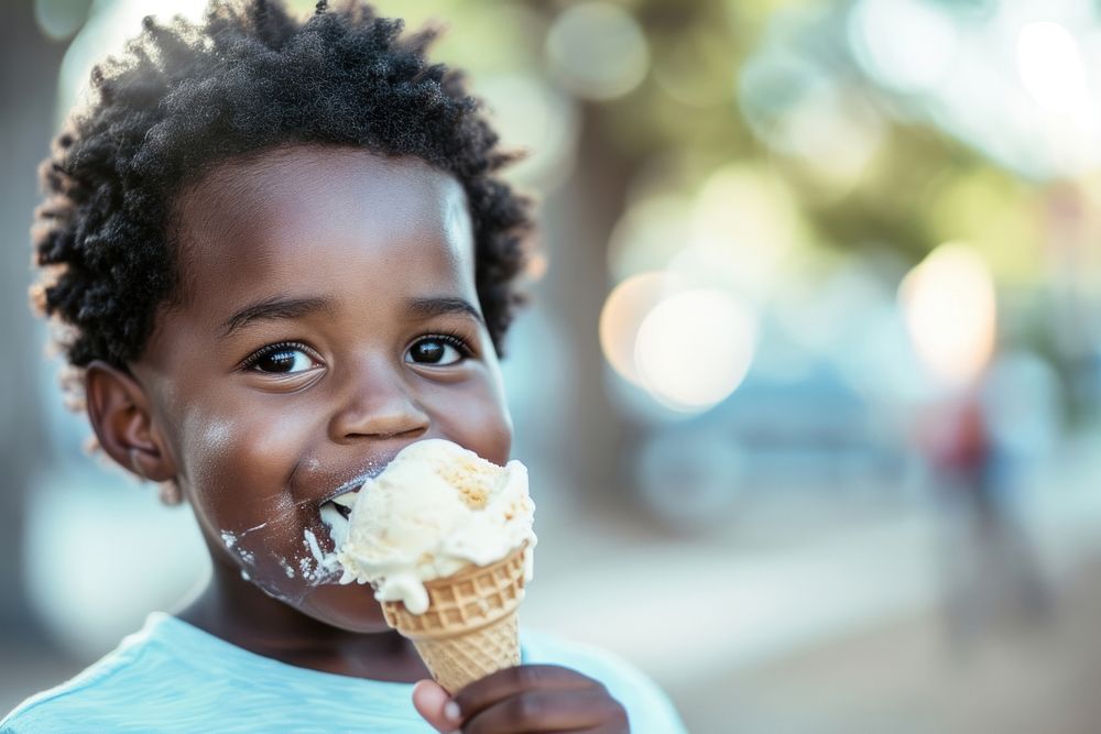 Boy eating ice cream cone dessert biting child.