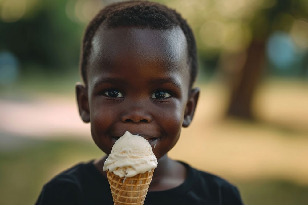 Boy eating ice cream cone dessert food innocence.