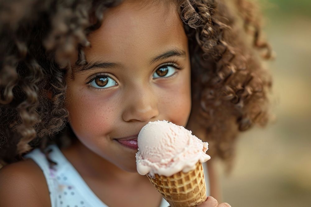 Girl eating ice cream cone dessert child food.