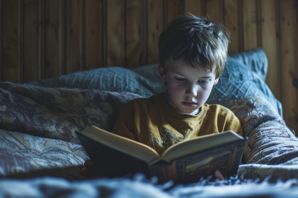 Boy reading the bible publication furniture child. AI generated Image by rawpixel.