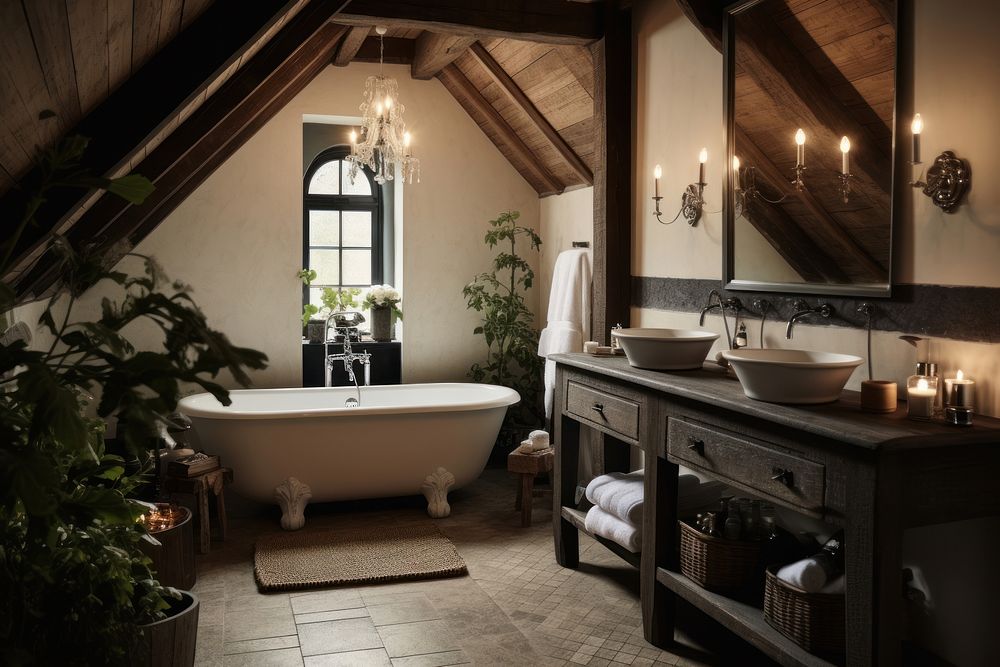 FARMHOUSE CHIC BATHROOM bathroom house architecture. AI generated Image by rawpixel.