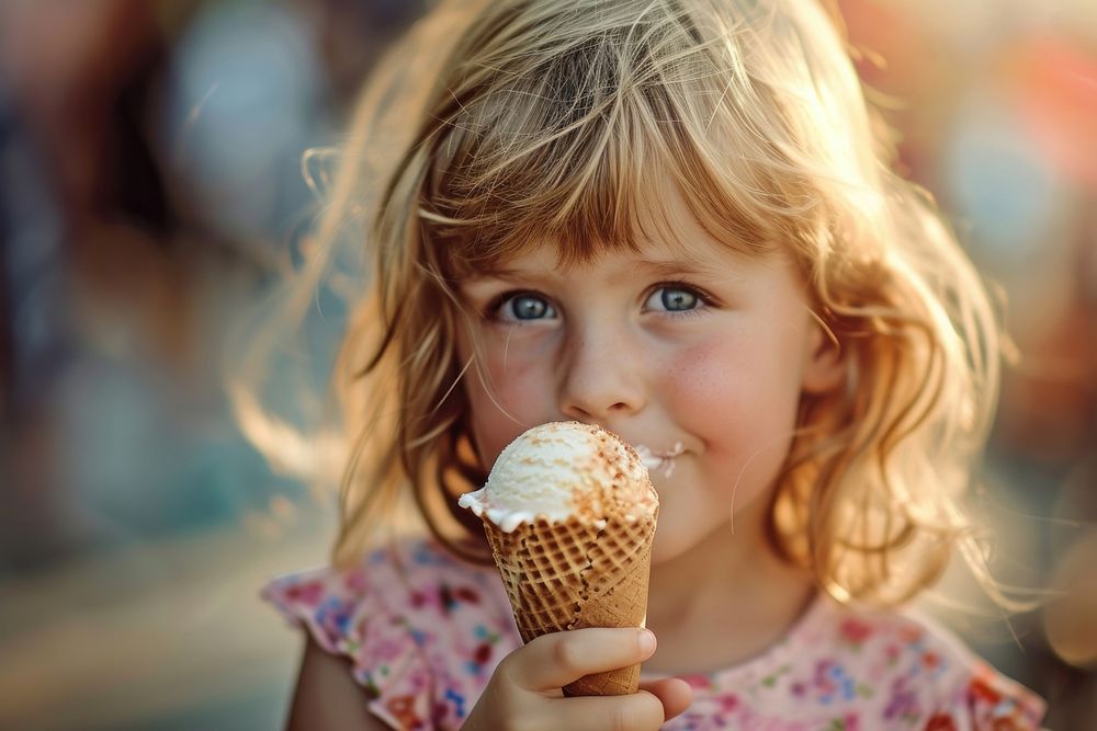 Girl eating ice cream cone dessert child food.