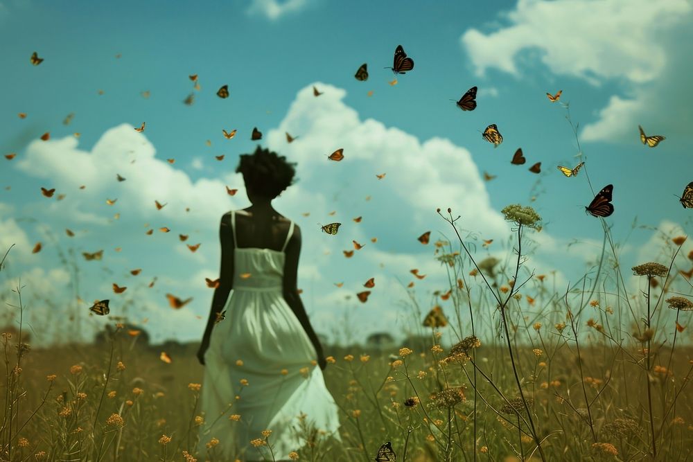 Black woman in white dress field landscape grassland. AI generated Image by rawpixel.