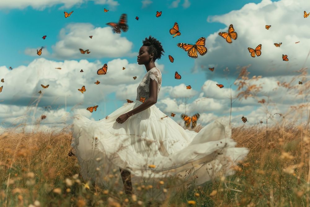 Black woman in white dress butterfly fashion animal. AI generated Image by rawpixel.