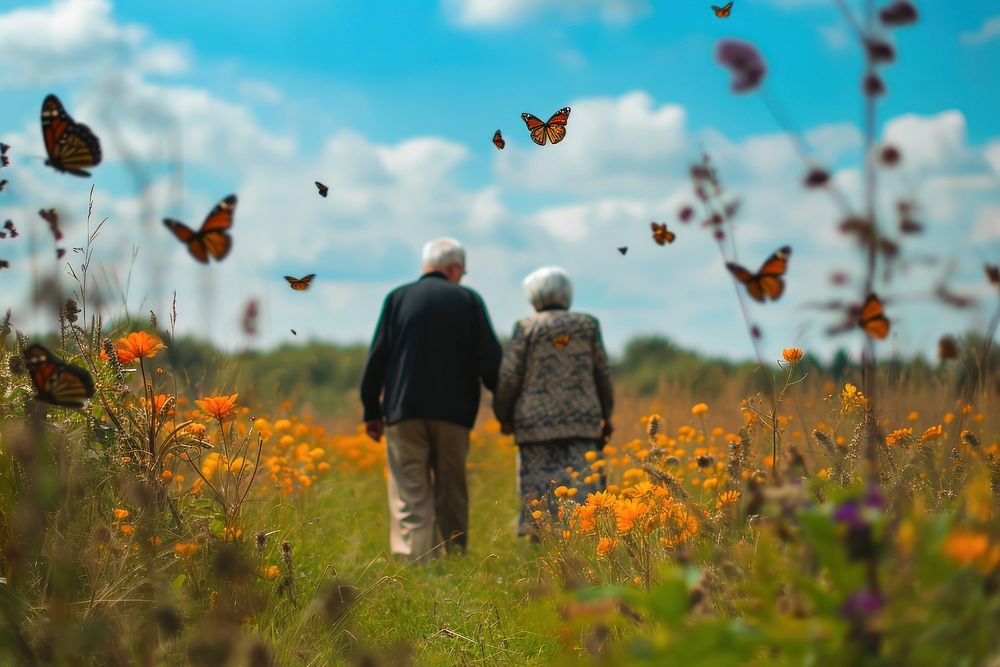 Elderly couple walking field outdoors. AI generated Image by rawpixel.