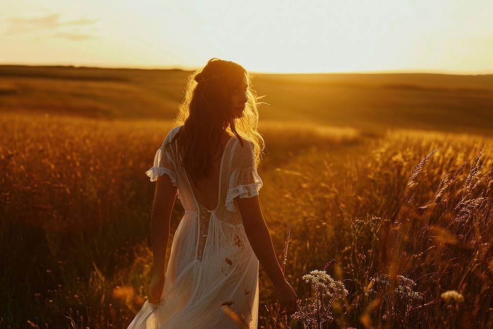 Woman in white dress outdoors nature field. AI generated Image by rawpixel.