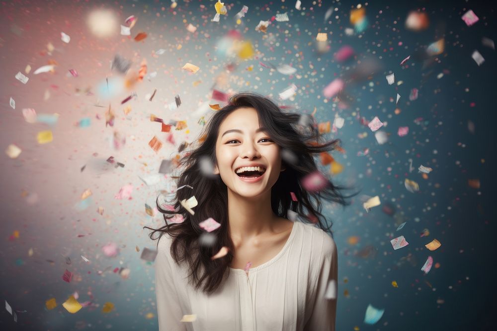 Cheerfully smiling confetti adult woman.