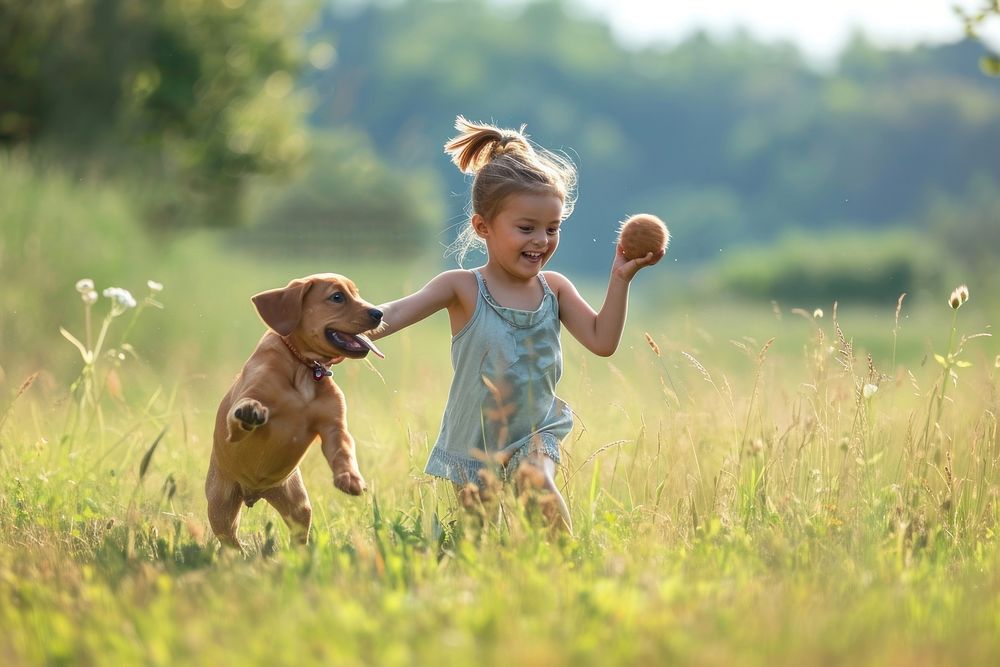 Puppy and a child playing fetch field outdoors portrait.