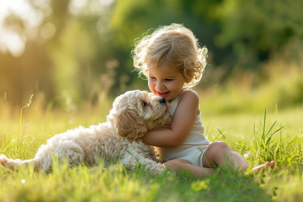 Puppy and a child playing outdoors portrait mammal.