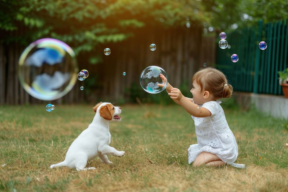 Puppy and a child playing bubble outdoors mammal.